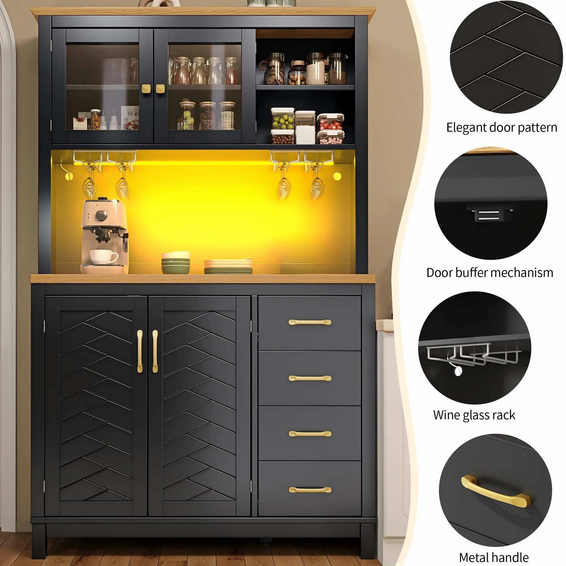 Armario Cocina Alto con Luz LED y Almacenaje, Aparador Cocina con Cajón y 4 Puertas, Mueble Aparadores Alacena de Cocina Despensa con Portavasos y Dispositivo Antivuelco, 105.5x40x180 cm, Negro