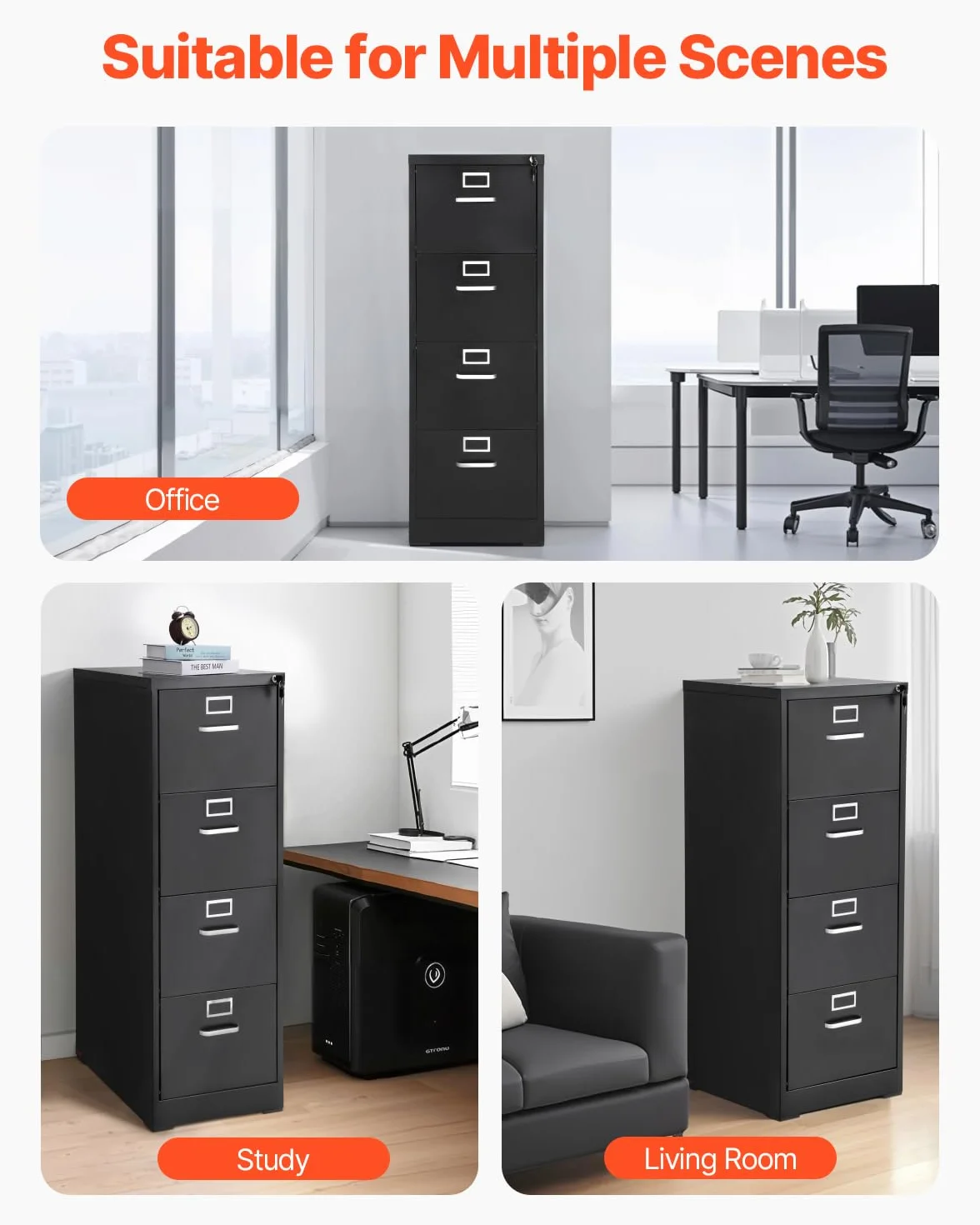 VEVOR Archivador Vertical de Metal, Archivador Vertical 450 x 620 x 1340 mm de 4 Cajones con Cerradura, Barra de Suspensión Desmontable para Archivos de Tamaño A4/Carta/Legal para Oficina, Negro