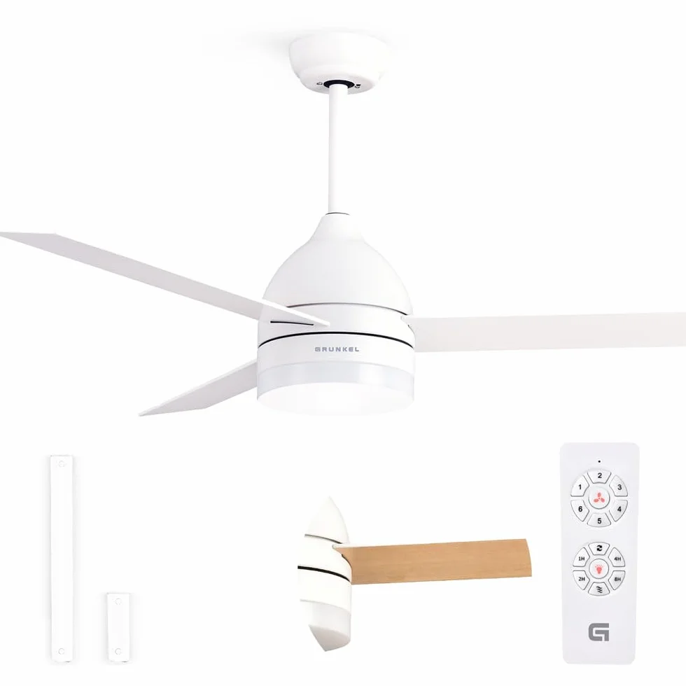 Grunkel - Ventilador de Techo con luz LED y aspas instalación reversibles blanco y madera - Mando a distancia. 6 velocidades. Temporizador 8h - 35W