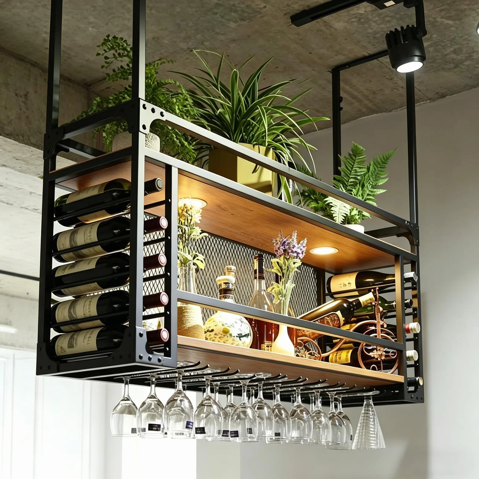 Estante de Techo, botellero Colgante de Gran Capacidad, se Puede Colgar o Montar en la Pared, botellero Simple con luz, Adecuado para Bares, restaurantes (80 * 30 * 55+40cm)