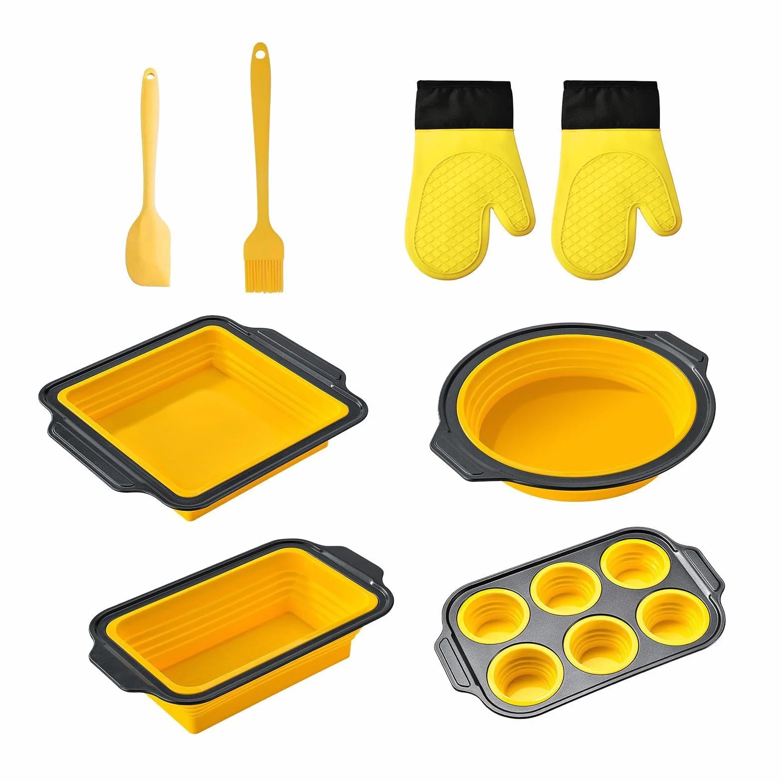 Juego de Moldes de Silicona para Hornear Bandeja Apilable | con Guante, Rasqueta y Cepillo Set Antiadherente para Hornear Para pan, galletas, huevos, horno, tostadora