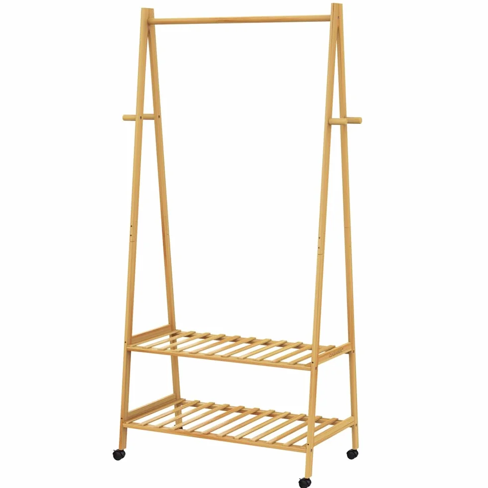 CASARIA® Perchero de Pie Ruedas 2 Estantes Burro Ropa Robusto 4 Ganchos Madera Bambú 155x70cm Dormitorio Pasillo Organizador Colgador Moderno Natural