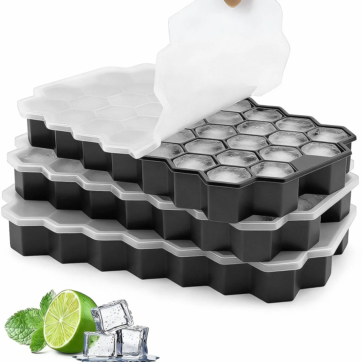 Pack 3 Cubitera de Silicona 37 Compartimentos Apilable con Tapa Sin BPA Negro