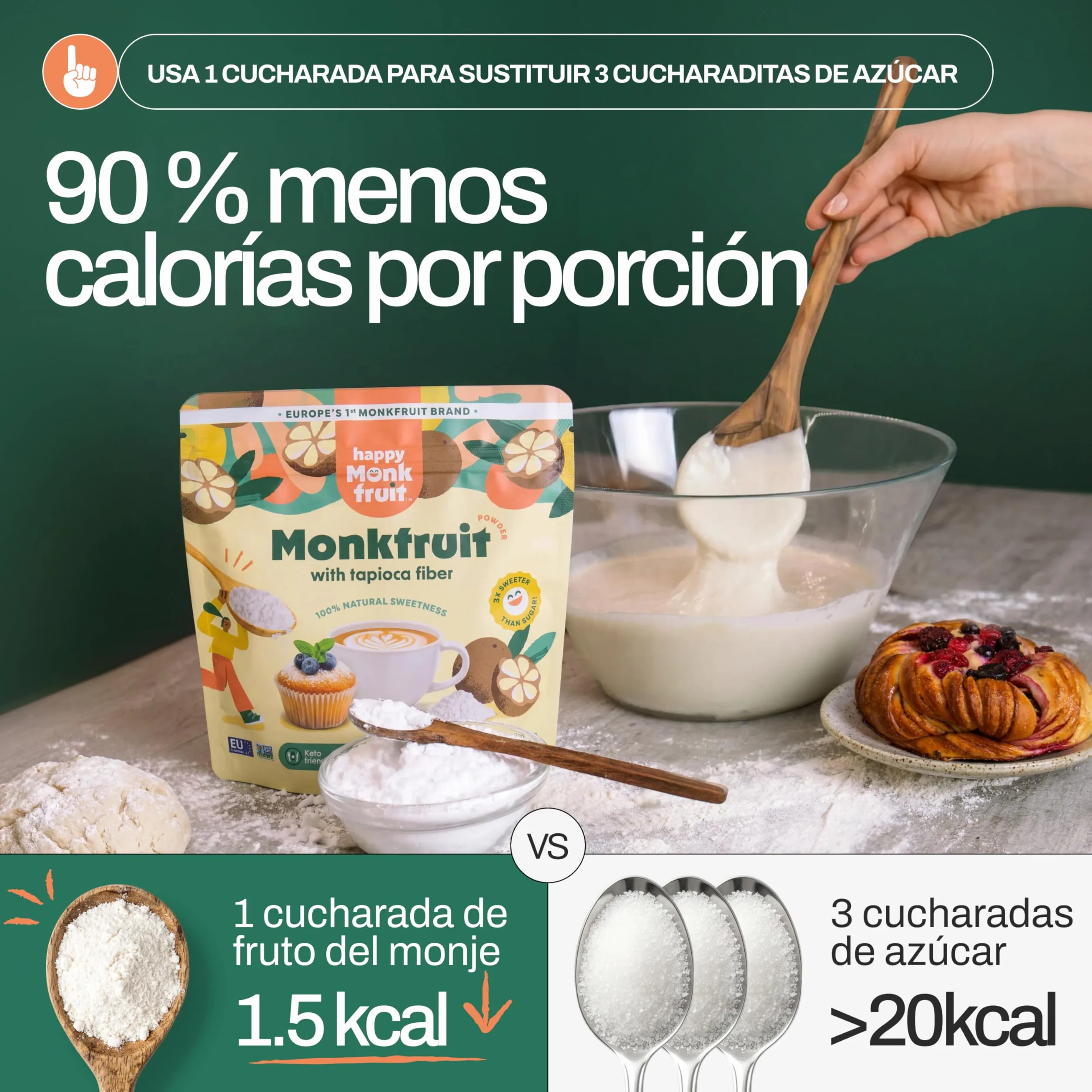 Endulzante de fruta del monje en polvo 200 g - 3× más dulce que el azúcar, monk fruit natural apta para keto, 150 porciones