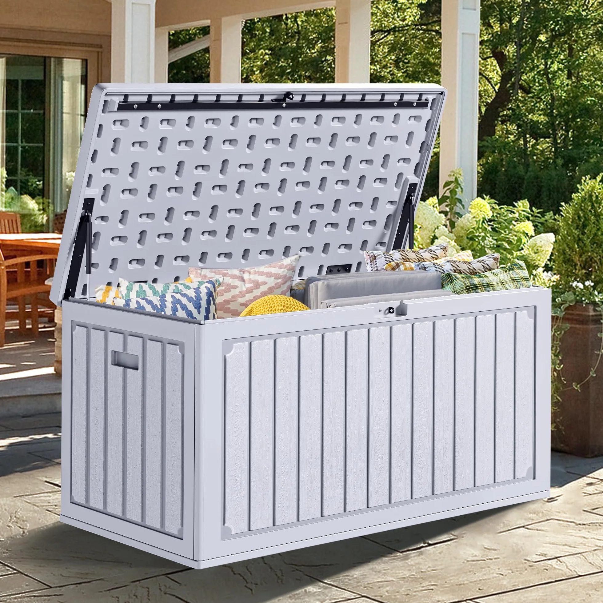 YITAHOME Caja de almacenamiento de jardín 303L exterior resina polietileno alta densidad con tapa cerradura