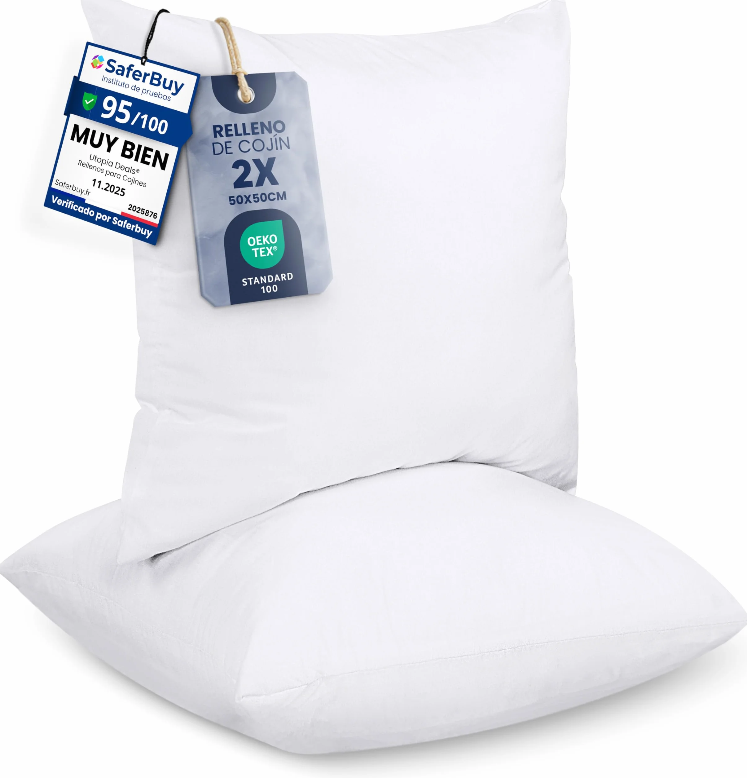 Utopia Bedding Relleno de Cojín 50 x 50 cm 2 Unidades Fibra Virgen Siliconada Almohadas de Sofá Blanco