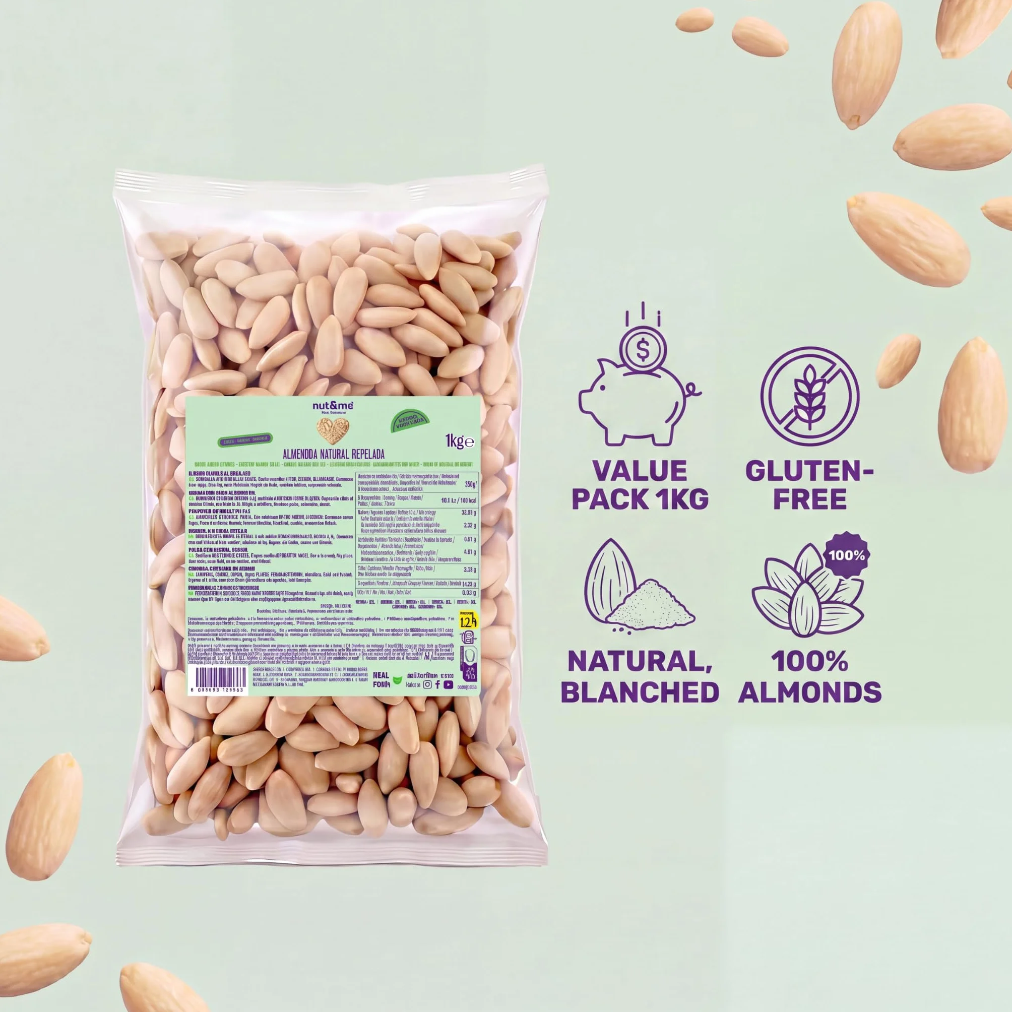 Almendra cruda sin piel 1 kg nut&me | Almendras peladas sin aditivos ni sal