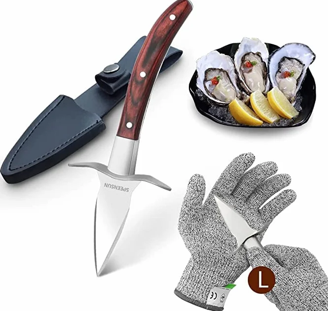 Juego de cuchillos para ostras y guantes anticortes, sacacorchos para ostras de acero inoxidable con guantes, clase de protección 5 (L), para conchas o quesos duros