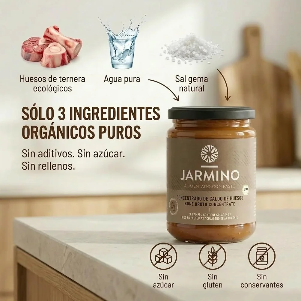 JARMINO Caldo de Huesos Orgánico Concentrado, Bone Broth de Res de Pastoreo, Colágeno Tipos 1 2 3, Keto Paleo AIP, 220 g
