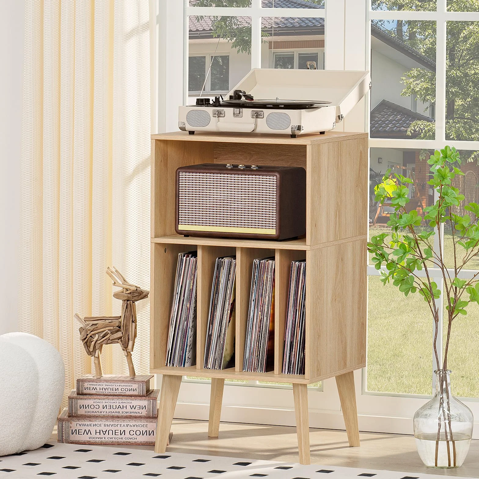 Soporte para tocadiscos Mid-Century con patas de madera, almacenamiento para 160 álbumes, mesa auxiliar natural