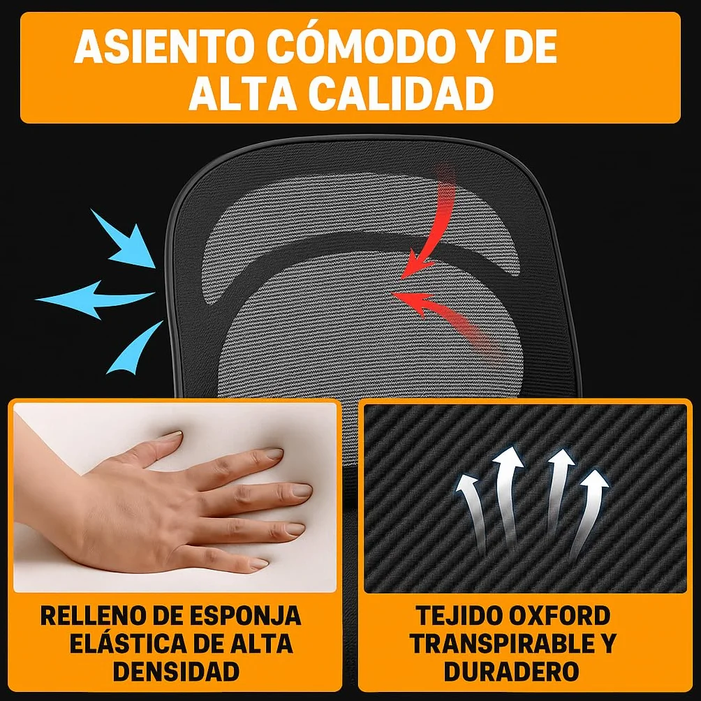Silla de Oficina Ergonómica Sin Reposabrazos con Soporte Lumbar, Tela Transpirable, Ruedas, Giratoria, Asiento Espuma Alta Densidad