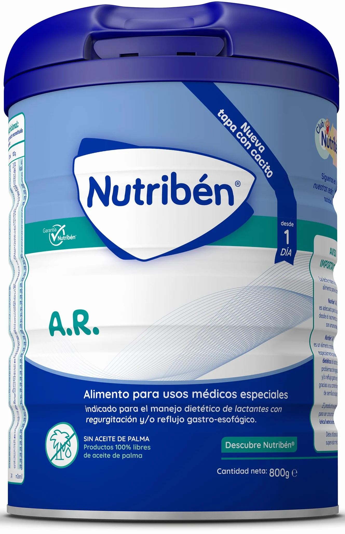 Nutribén AR Leche en Polvo Bebé AntiReflujo y AntiRegurgitación 800g sin Aceite de Palma con Cacito Dosificador