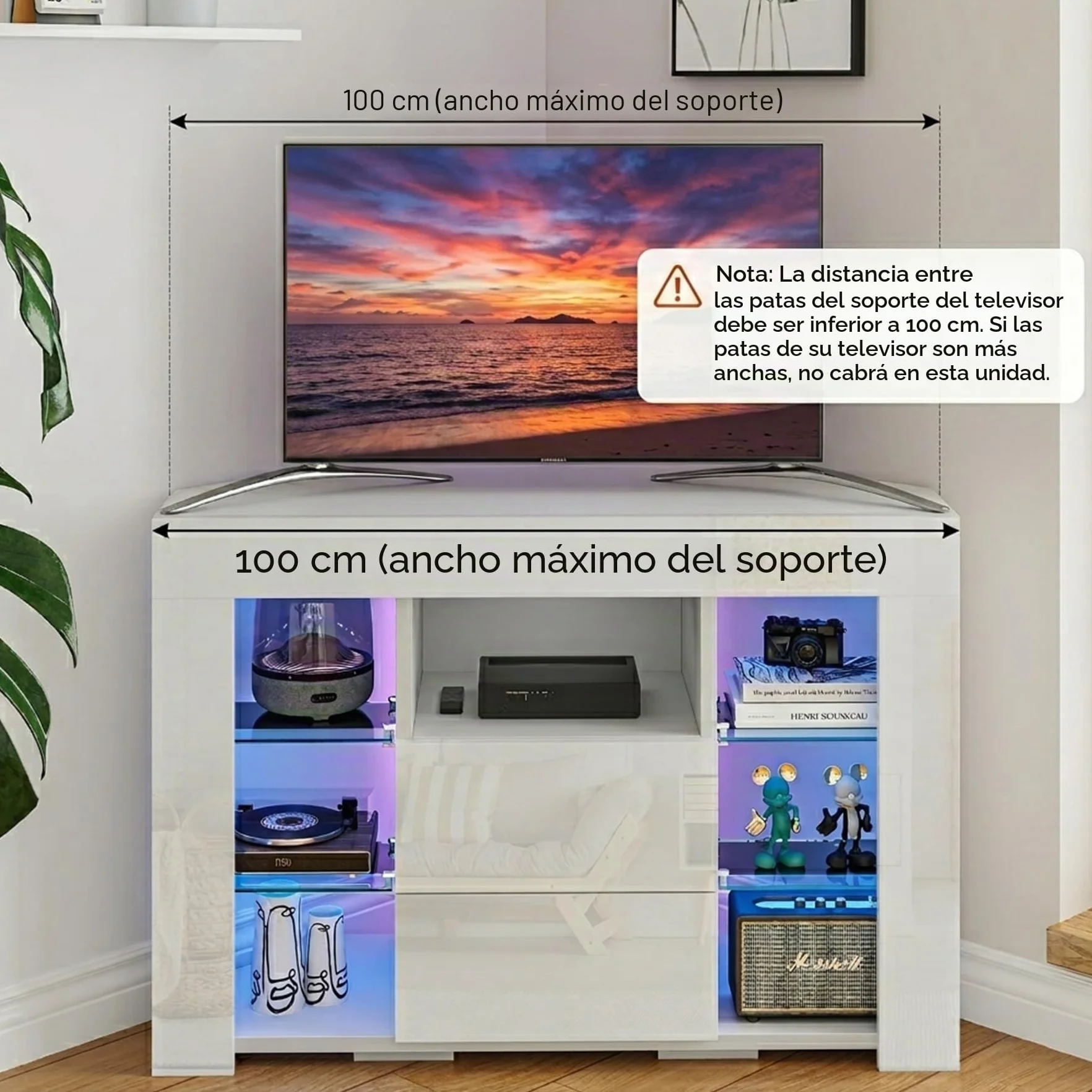 Dripex Armario de Esquina para TV con iluminación LED, Mueble de TV Color Blanco Brillante, Mueble esquinero para TV, 100x68x40 cm