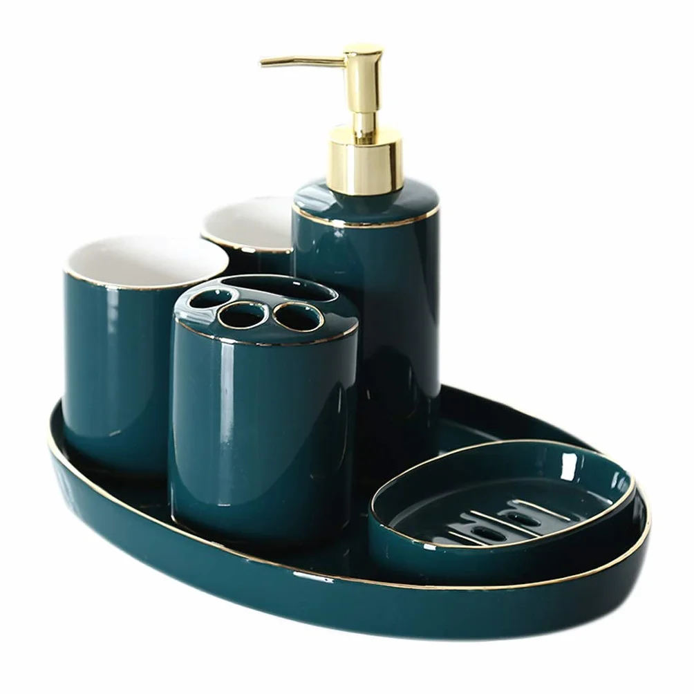 Dispensador de loción Accesorios de baño de cerámica, borde azul, borde dorado azul Juego de seis piezas que contiene dispensador de jabón Taza de enjuague bucal Porta cepillo de dientes, bandeja y ba