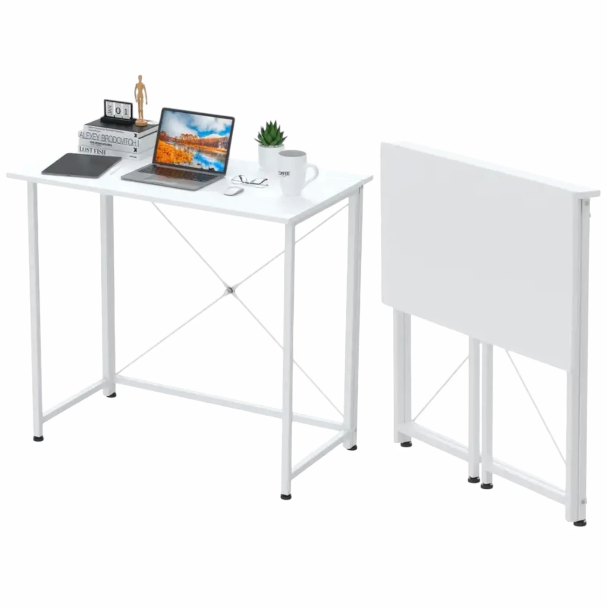 Mesa Escritorio Plegable Compacto sin Ensamblaje 80 x 45 x 74 cm, Blanca Beige Negra