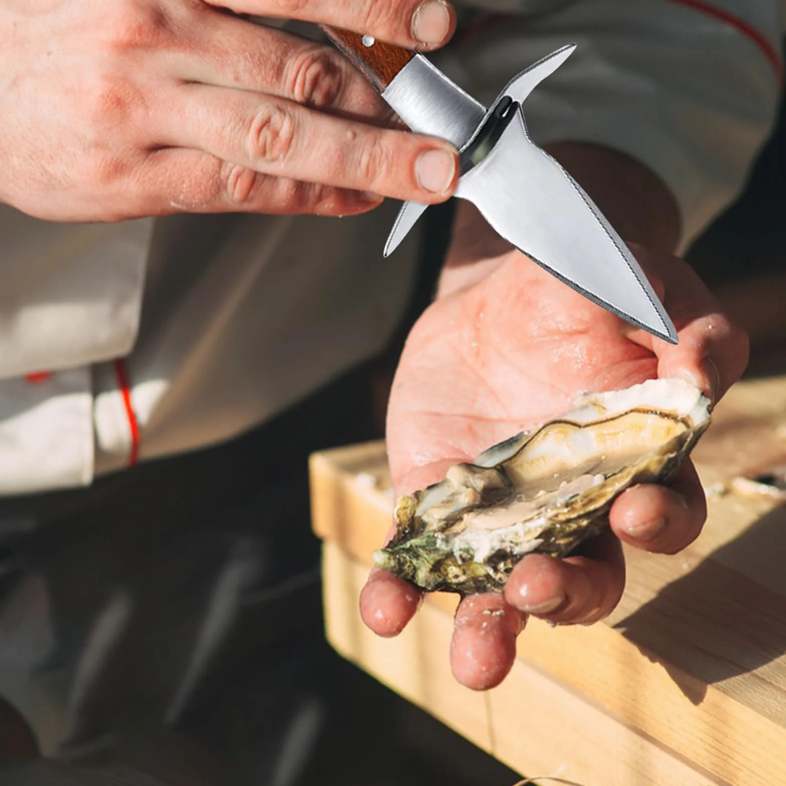 Abridor de Ostras, Cuchillo para Ostras, Ostras Shucker con Mango de Madera y Funda de Cuero, Abridor Herramientas para Almejas, Mariscos