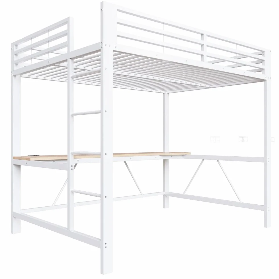 Litera de 140 x 200 cm con tira LED, USB, cama alta para niños con escritorio, ahorra espacio, estructura de cama de metal para juegos con riel, sin colchón, apto para dormitorios y otros (blanco)