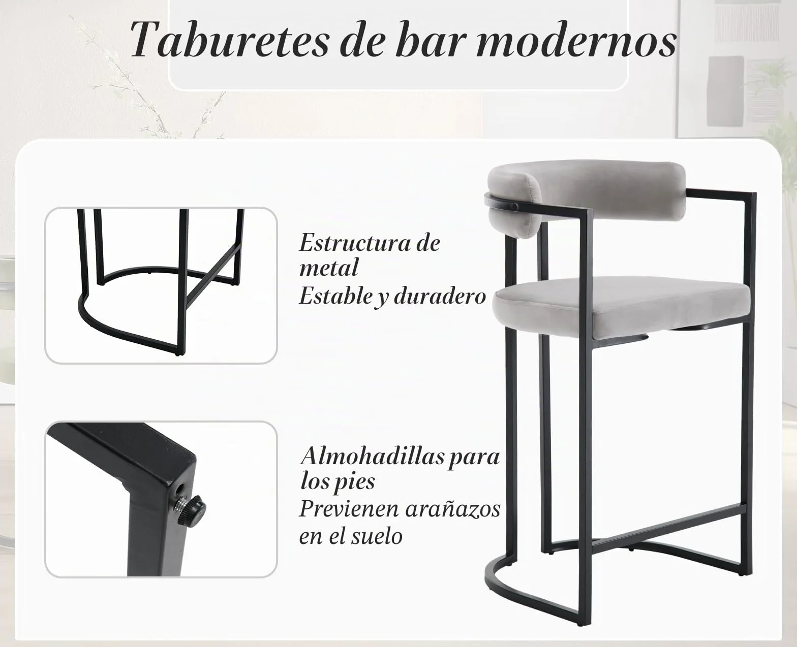 Ya-Home 2X Taburetes Altos de Cocina Modernos Sillas Bar de Terciopelo con Respaldo,Taburetes Altos de Mostrador con Patas Metálicas para Isla de Cocina/Restaurante,Gris