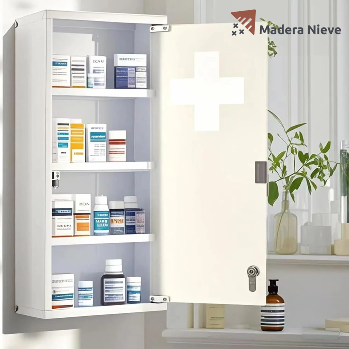 Botiquín de Primeros Auxilios de Acero Inoxidable para Pared con Cerradura y Estantes Blanco 57x27