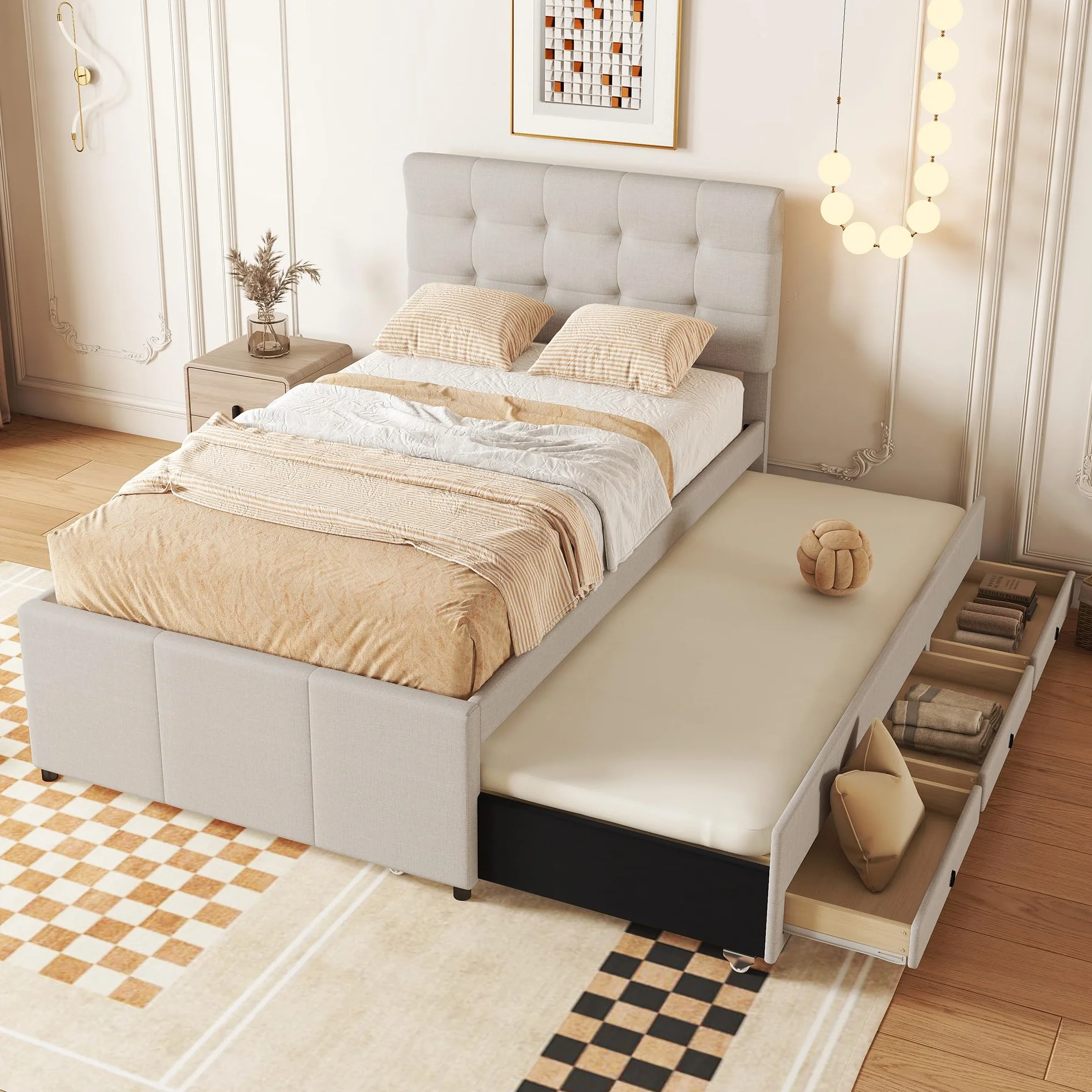 Cama Tapizada 90x200 cm con Cama Nido 90x190, Cama Infantil con 3 Cajones, Camas Juveniles con Cabecero Ajustable, Estructura de Cama Individual con Láminas de Madera, Lino, Beige, Sin Colchón