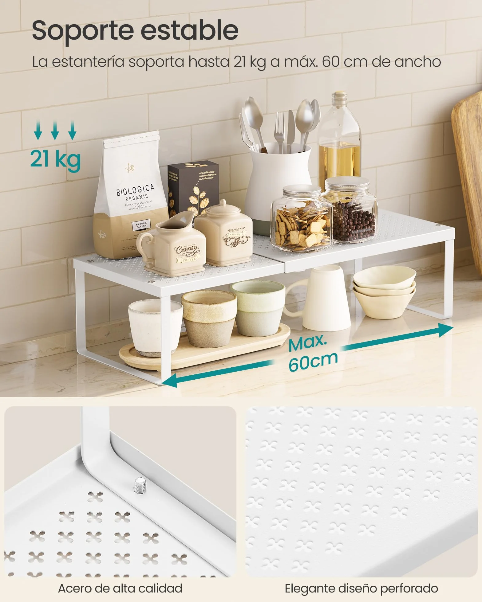 SONGMICS Especiero, Extensible, Organizador de Cocina, Estante de Cocina, Organizador de Armario, Estante Pequeño, Metal, Encimera, Mesa, Zapatero, Blanco Mate KCS007W01