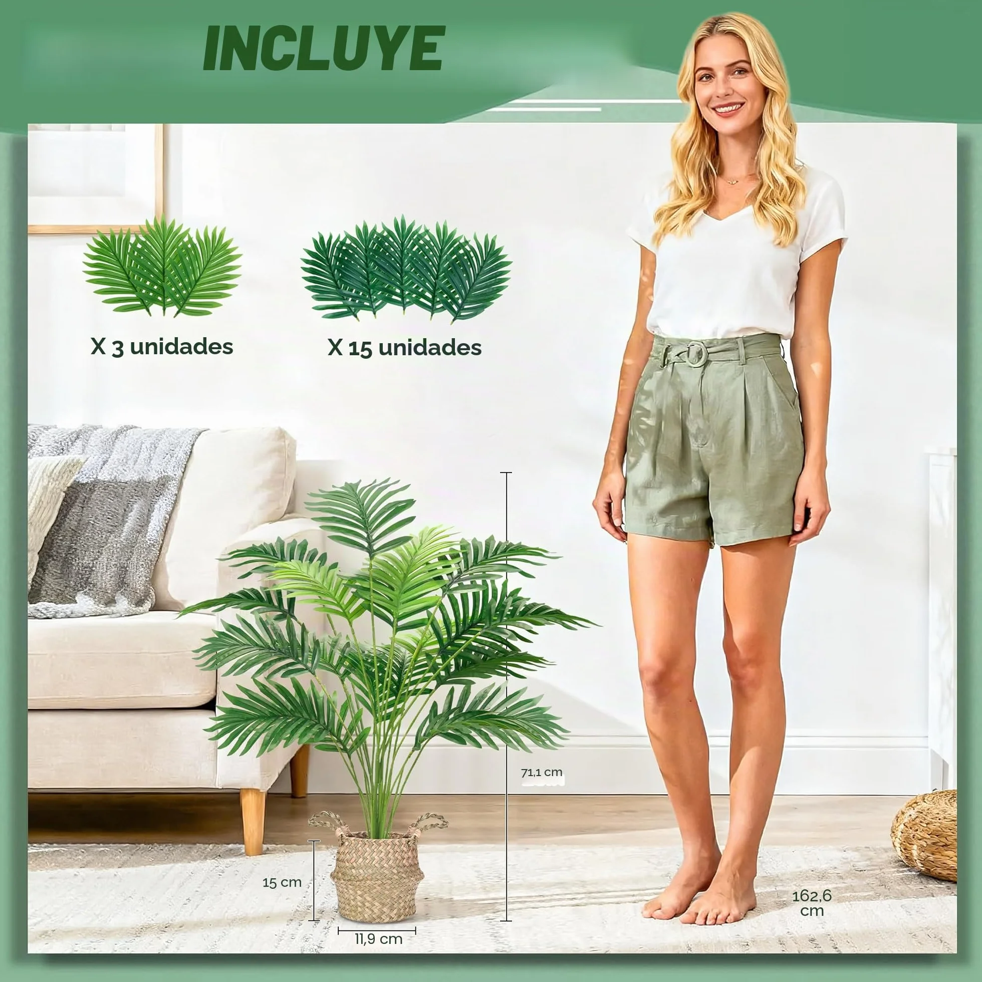 Der Rose Palmera falsa de 28 pulgadas, planta artificial en maceta alta con cesta tejida, decoración para interiores y exteriores