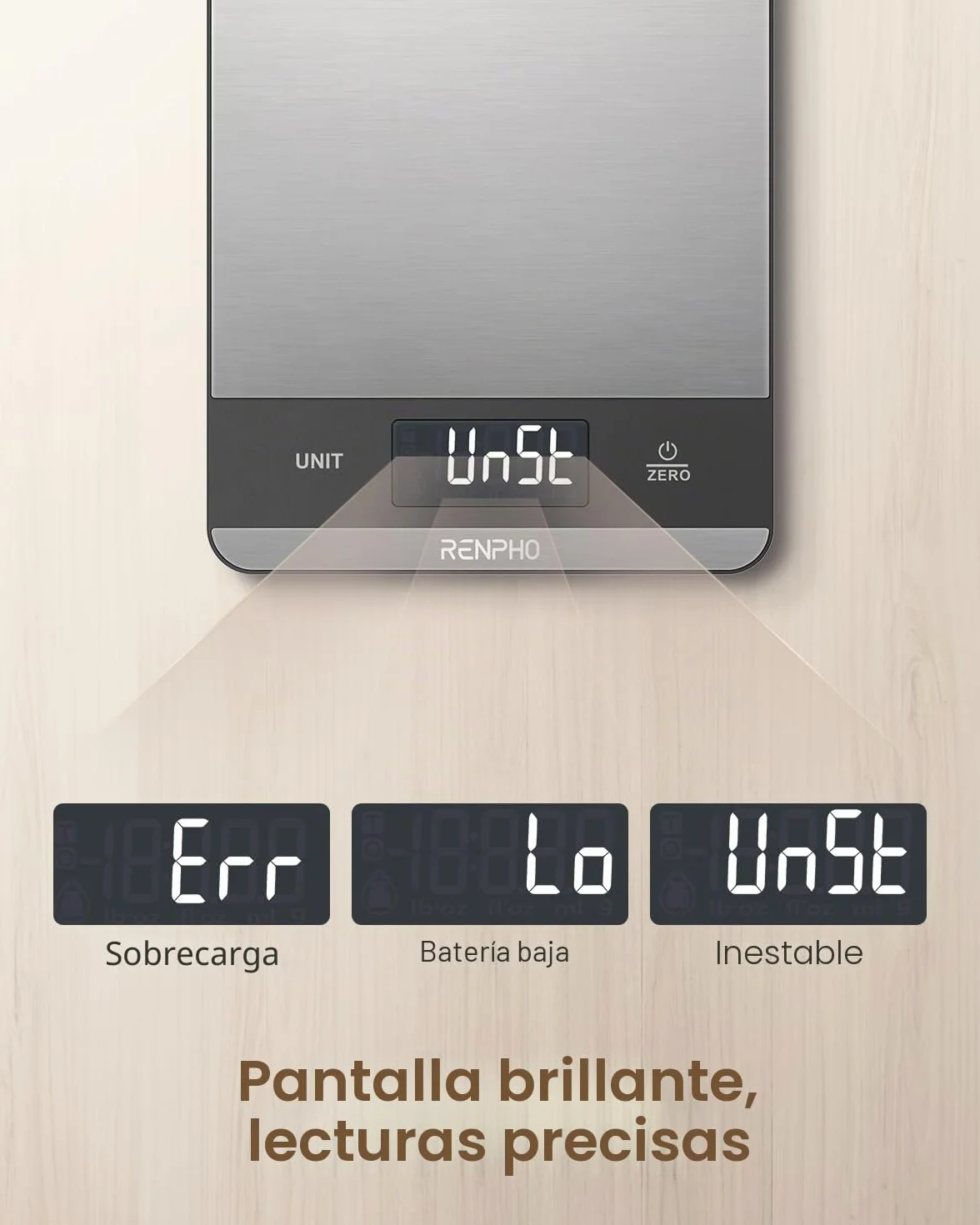 RENPHO Bascula Cocina Acero Inoxidable con 7 Unidades, Alta Precisión Balanza Peso de Cocina Digital, Bascula Comida para Hornear, Cocinar, Pantalla LCD, Batería Incluida