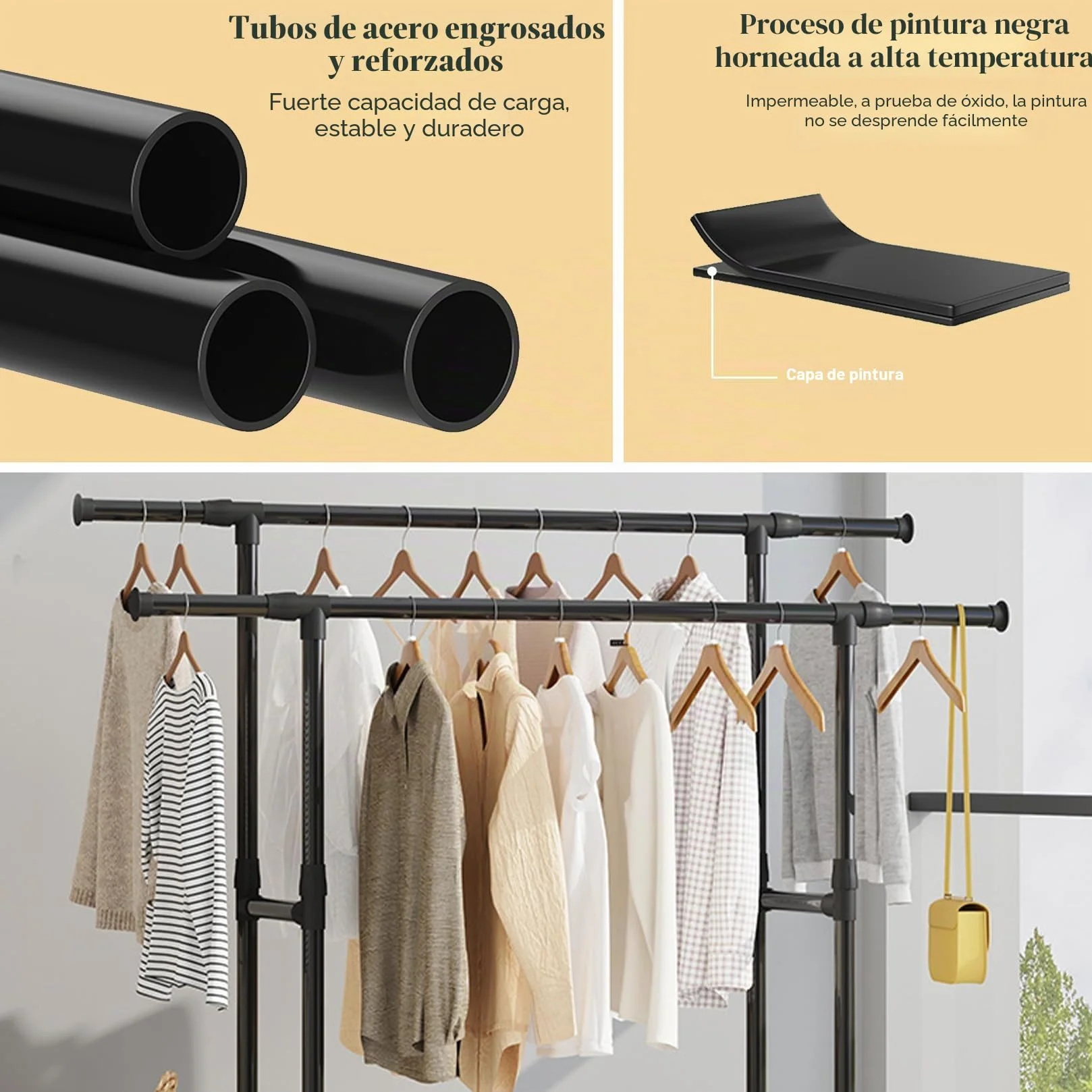 Perchero extensible de metal multifuncional con 2 capas de almacenamiento y ruedas