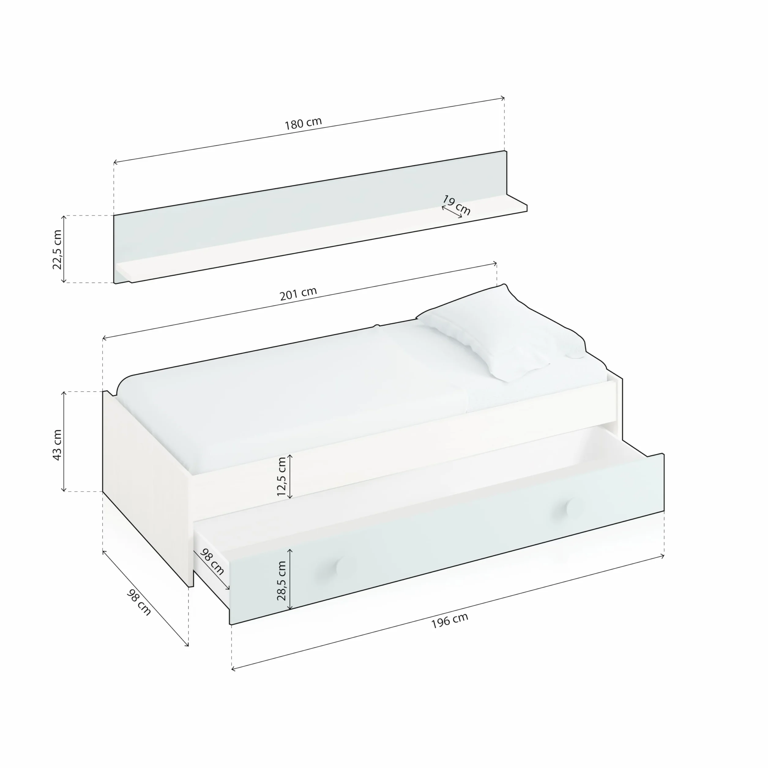 Habitdesign Cama Nido Juvenil Kendra, Conjunto 2 Camas + Estante de Pared, Dormitorio Infantil para Niños, Color Blanco Alpes y Verde Acqua, Medidas: 201x43x98 cm