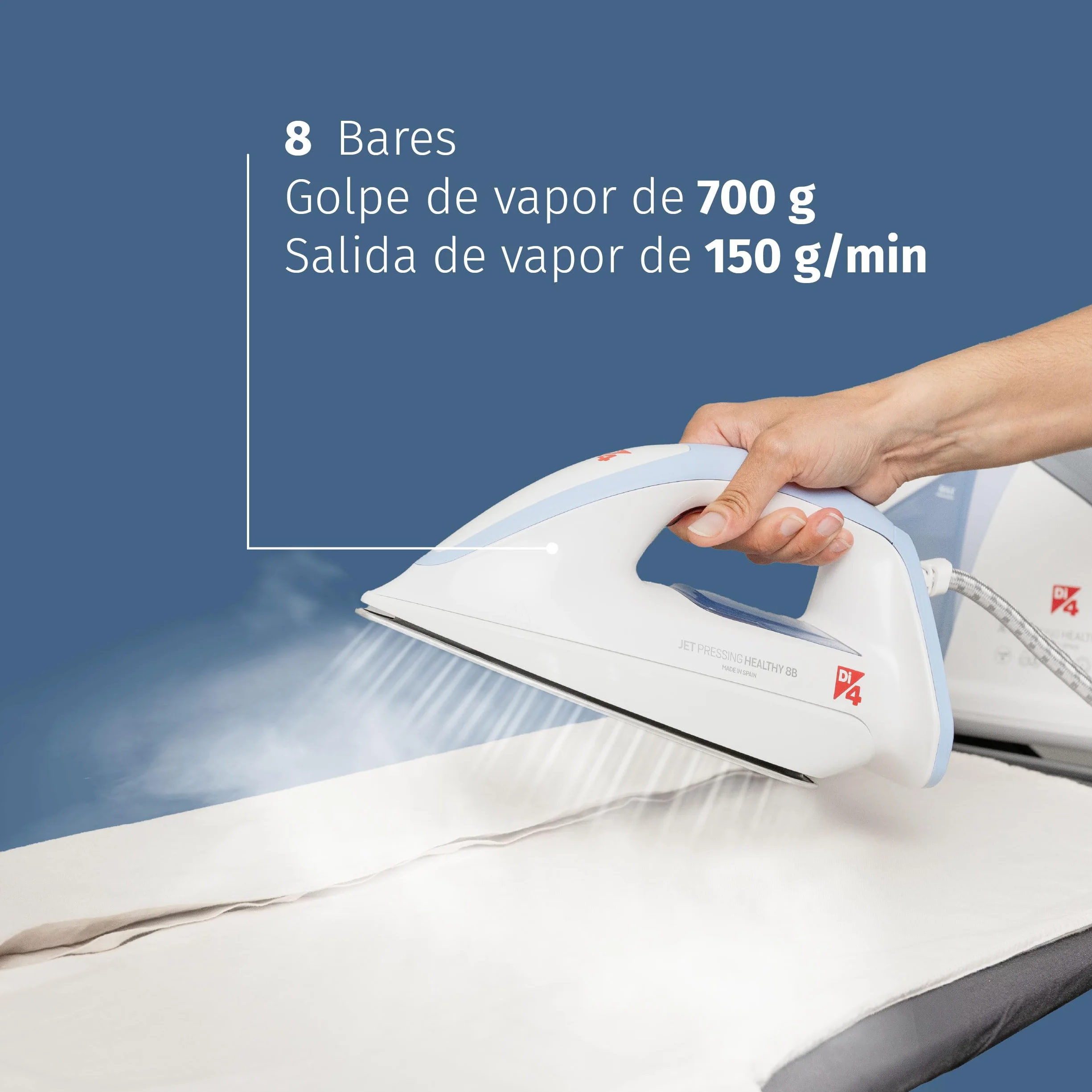 DI4 Centro de Planchado Jet Pressing Healthy 8B, 2600W, Golpe de Vapor 700gr, Vapor Continuo 150gr/min, Elimina 99,99% de Virus y Bacterias, Tecnología SmartCare, Suela 4D PROslide, Blanco