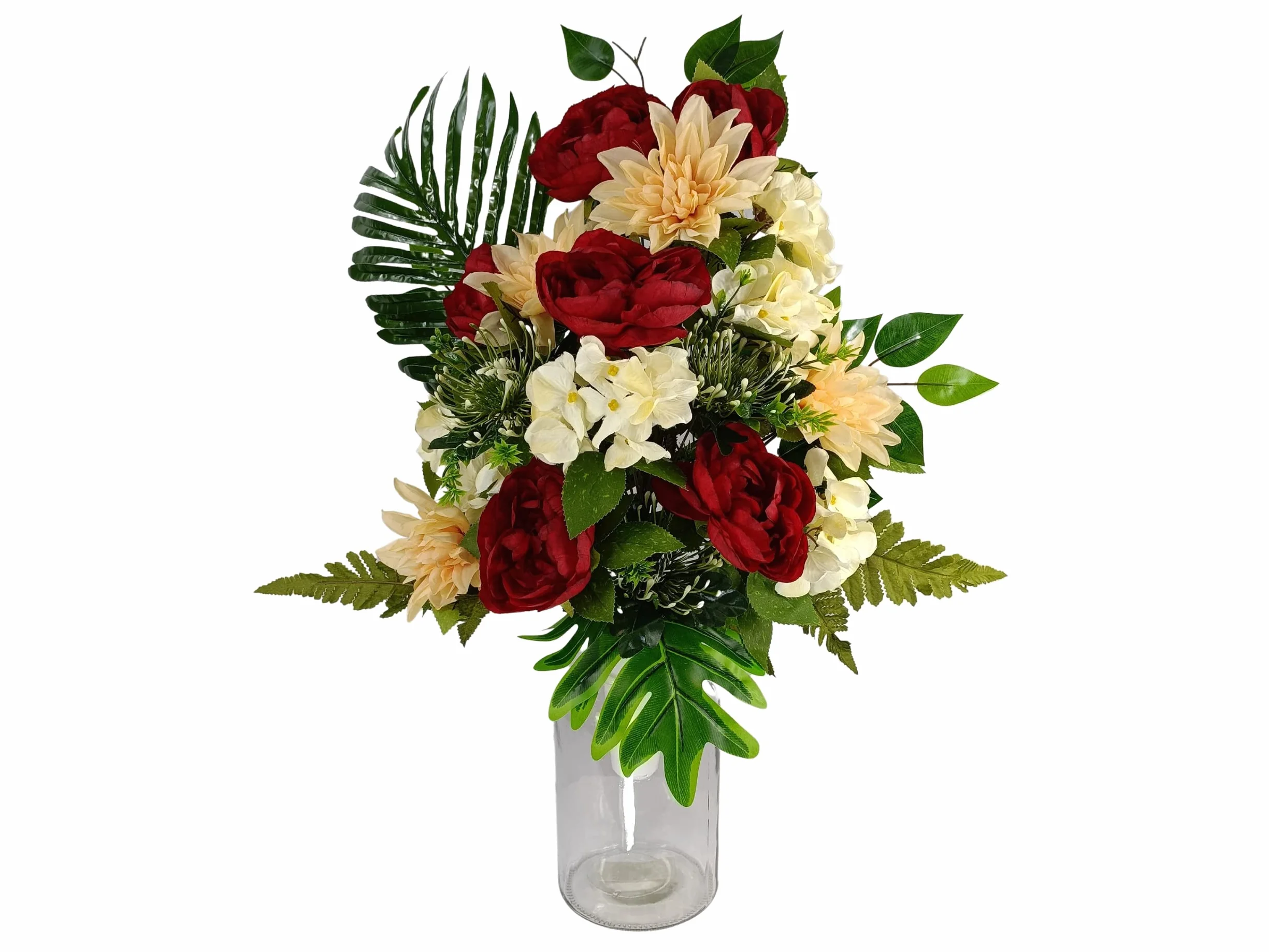 DRW Centro de Flores Artificiales para Cementerio Iglesias Bodas Centro de Flores para los Santos Rojo Naranja y Beige 65X40 cm Jarron para Introducir en los jarrones de nicho o Sepultura