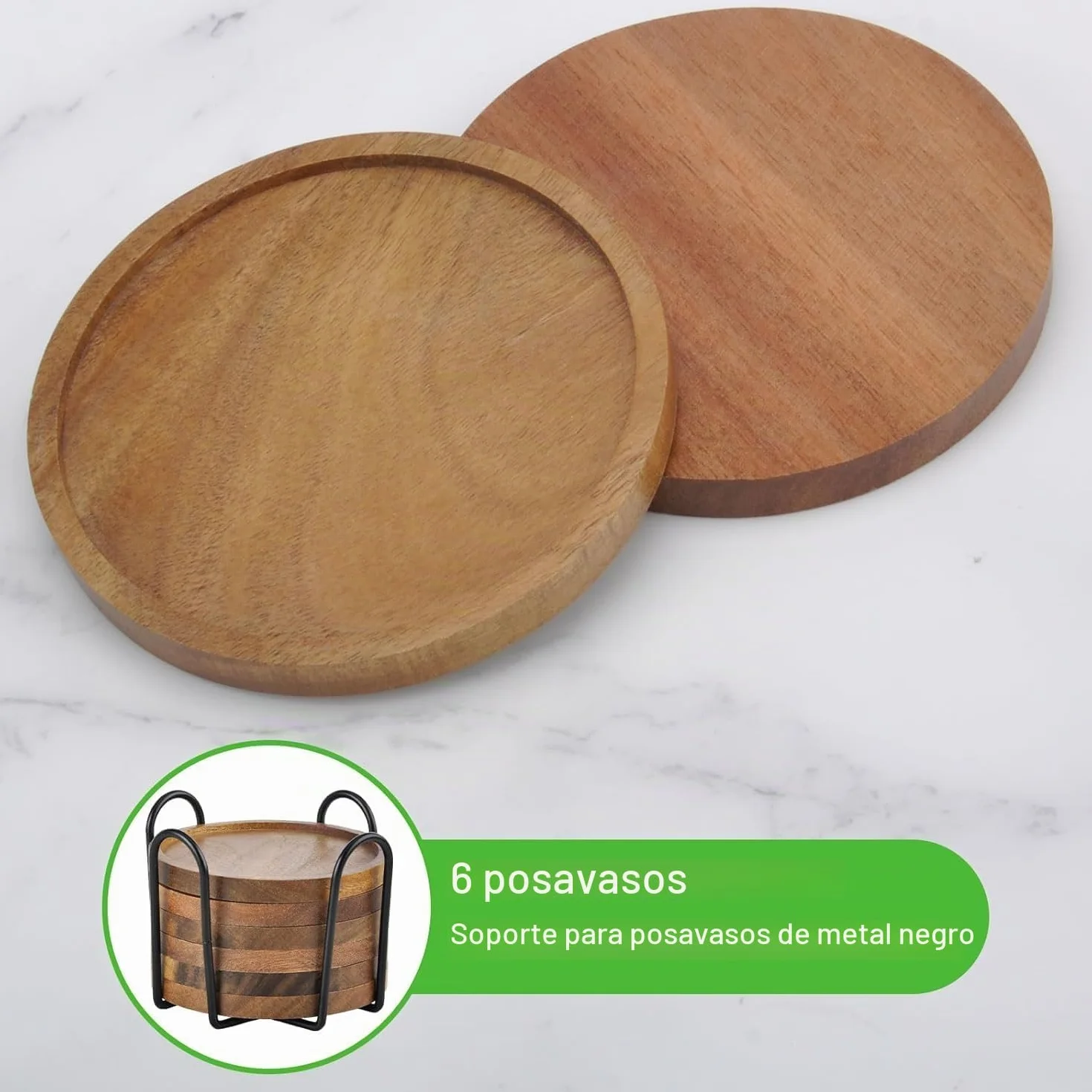 Posavasos de Madera Redonda para Vasos, Juego de 6 con Soporte, Protección de Mesa para Cualquier Tipo de Mesa