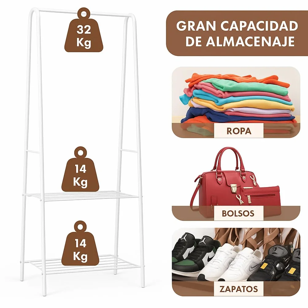 Perchero Burro Ropa y Zapatero Estantería Multiusos de Metal 2 Niveles Blanco
