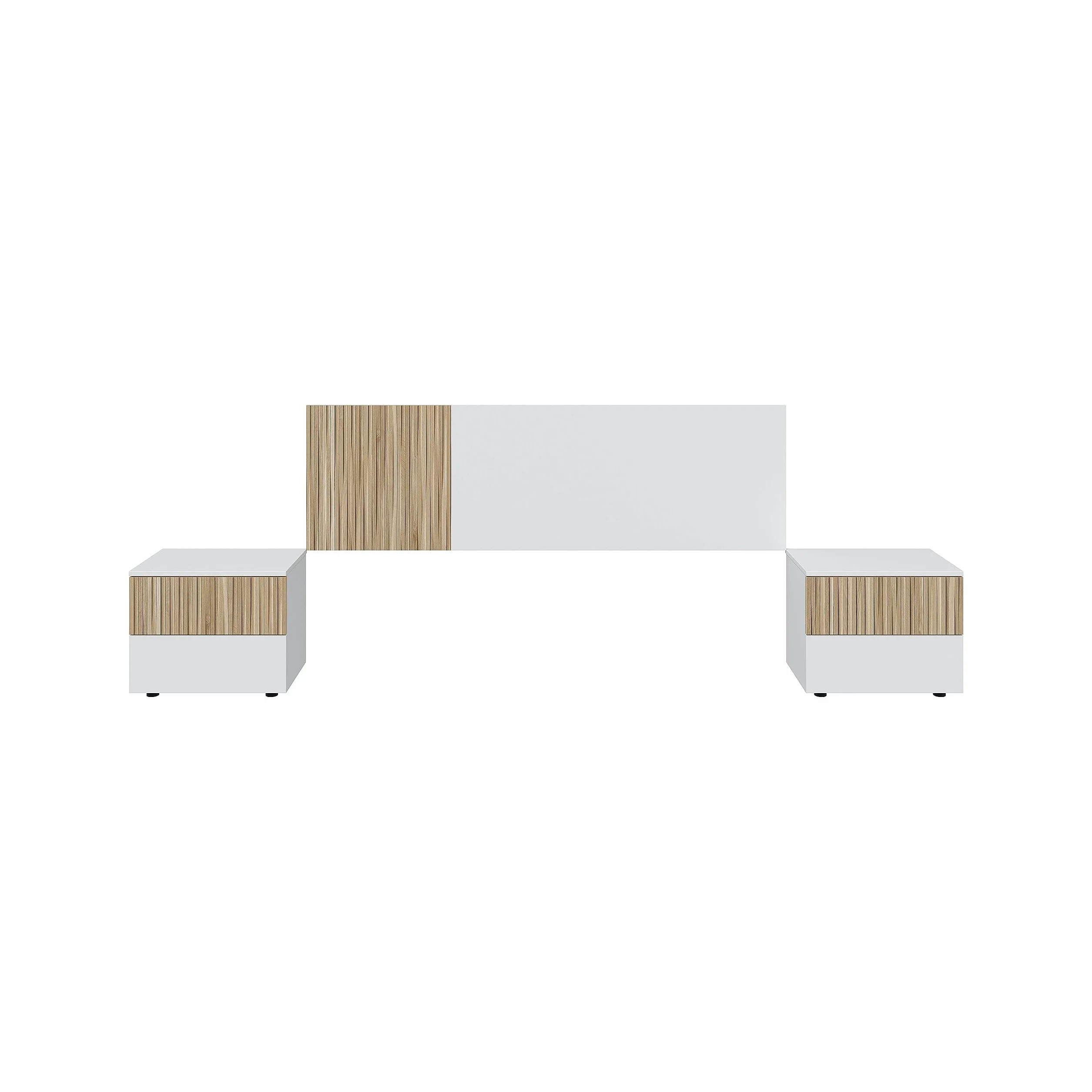 Mobelcenter, Conjunto Cabezal y 2 Mesitas Dormitorio Ethna, Cabecero y Mesitas para Cama de Matrimonio, Color Blanco Artik y Natur, Medidas: Ancho: 266 cm x Fondo: 34 cm x Alto: 91 cm (1428)