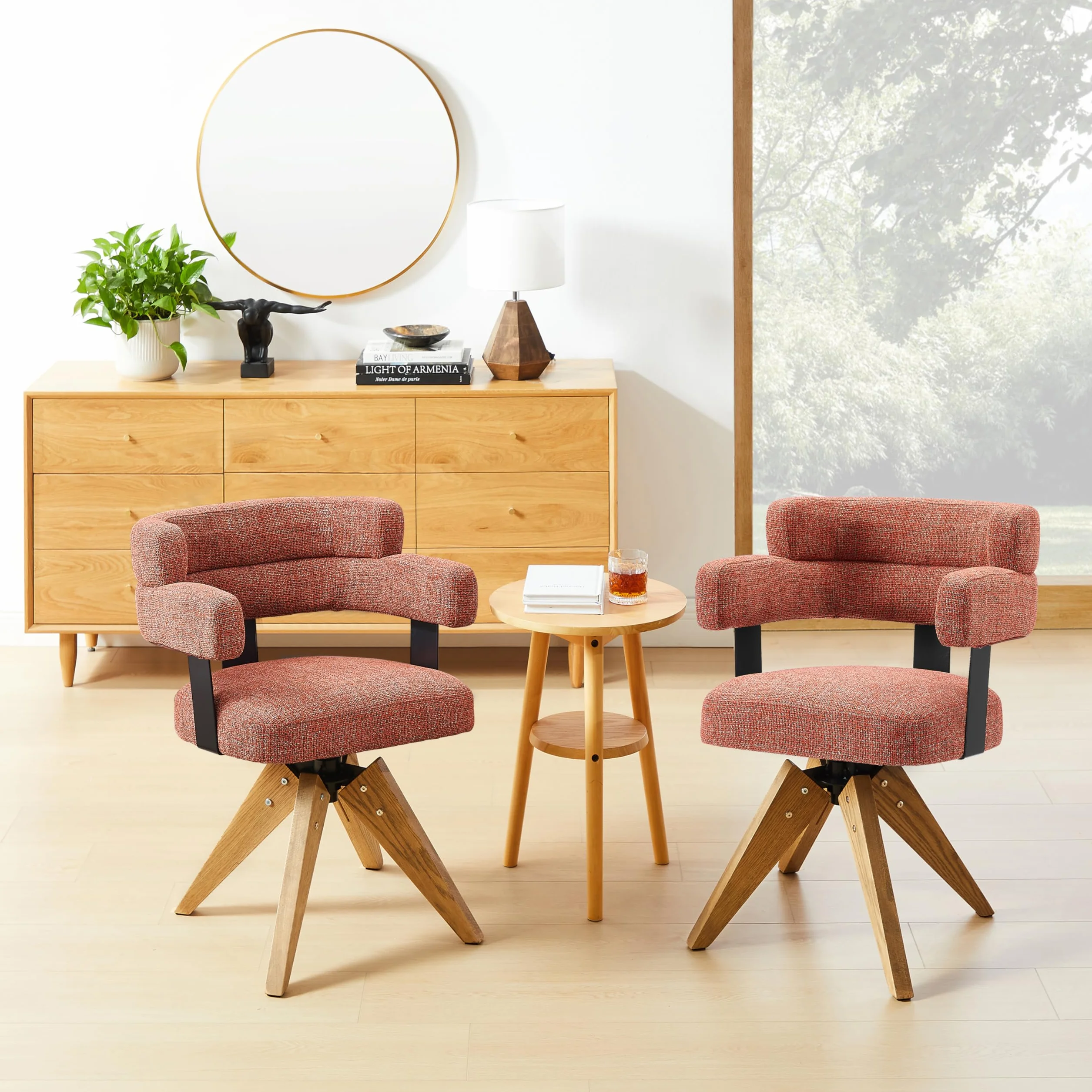 Zouron Sillas de Comedor Giratorias Tapizadas en Algodón y Lino con Reposabrazos y Respaldo, Patas de Madera, Rojo