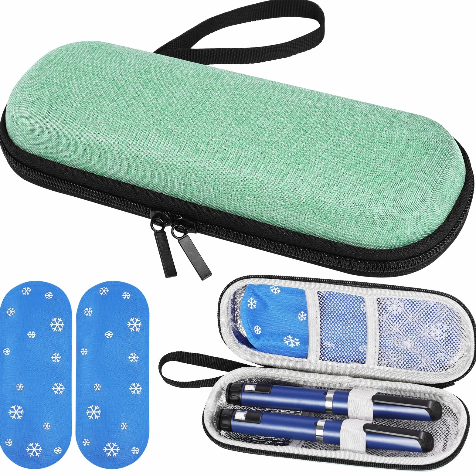 Estuche Insulina Bolsa, Nevera Insulina de Viaje con 2 Bolsas de Hielo Refrigerado TSA, Portátil Estuche Medicamentos para Diabetes con Mosquetón para Viajes Largos y Diarios (Verde)
