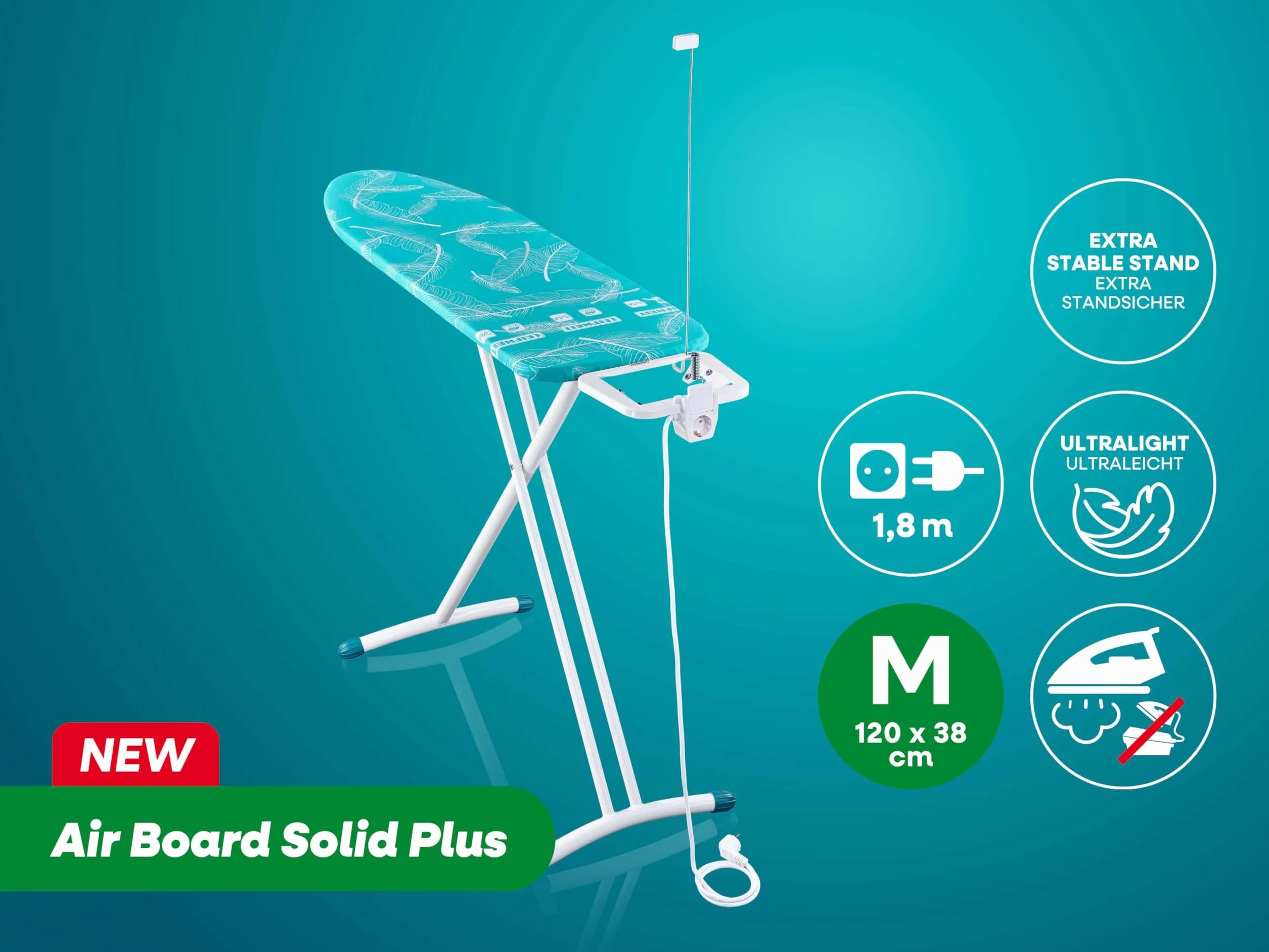 Leifheit Air Board M Solid Plus Tabla de Planchar, Superficie de Planchado 120 x 38 cm, Efecto de Planchado de Dos Caras, Adecuada para planchas y planchas de Vapor, Ajustable en Altura