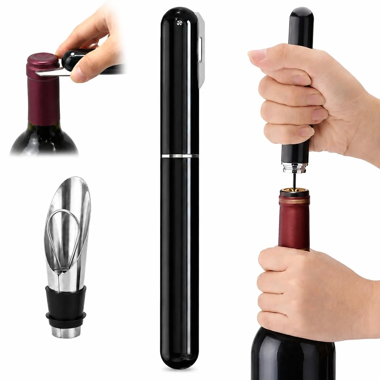 Sacacorchos Profesional de Aire a Presión con Cortacápsulas Integrado, Abridor de Vino Tipo Bolígrafo, Negro