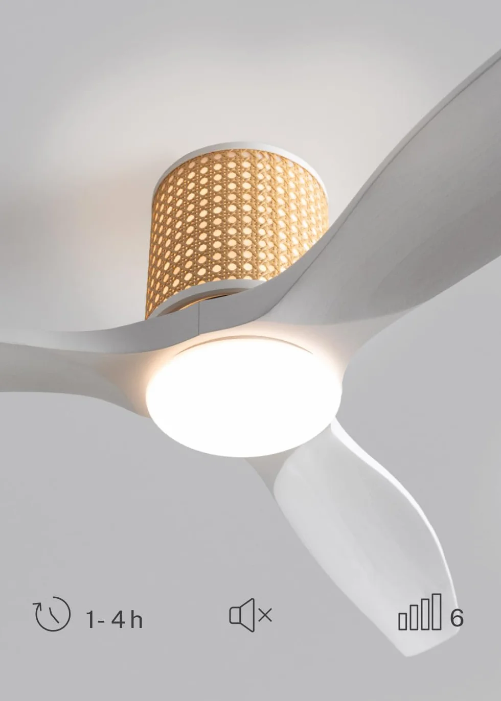 CREATE / WIND CALM CUSTOM RATTAN/Ventilador de techo con luz ratán claro aspas madera natural blanco con mando / 40W, Doble luz, Ø132 cm, luz LED 3 temperaturas, función verano-invierno
