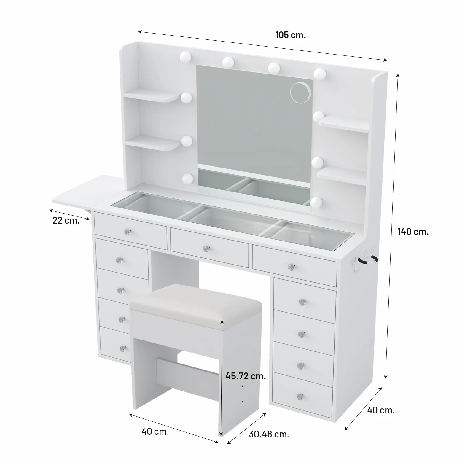Yanosaku Tocador con Fuente de alimentación 47 Pulgadas más Ancho con Espejo y 12 Luces LED 3 Modos de iluminación de Color 11 cajones 4 estantes Panel Plegable Mesa de Cristal Juego de Maquillaje