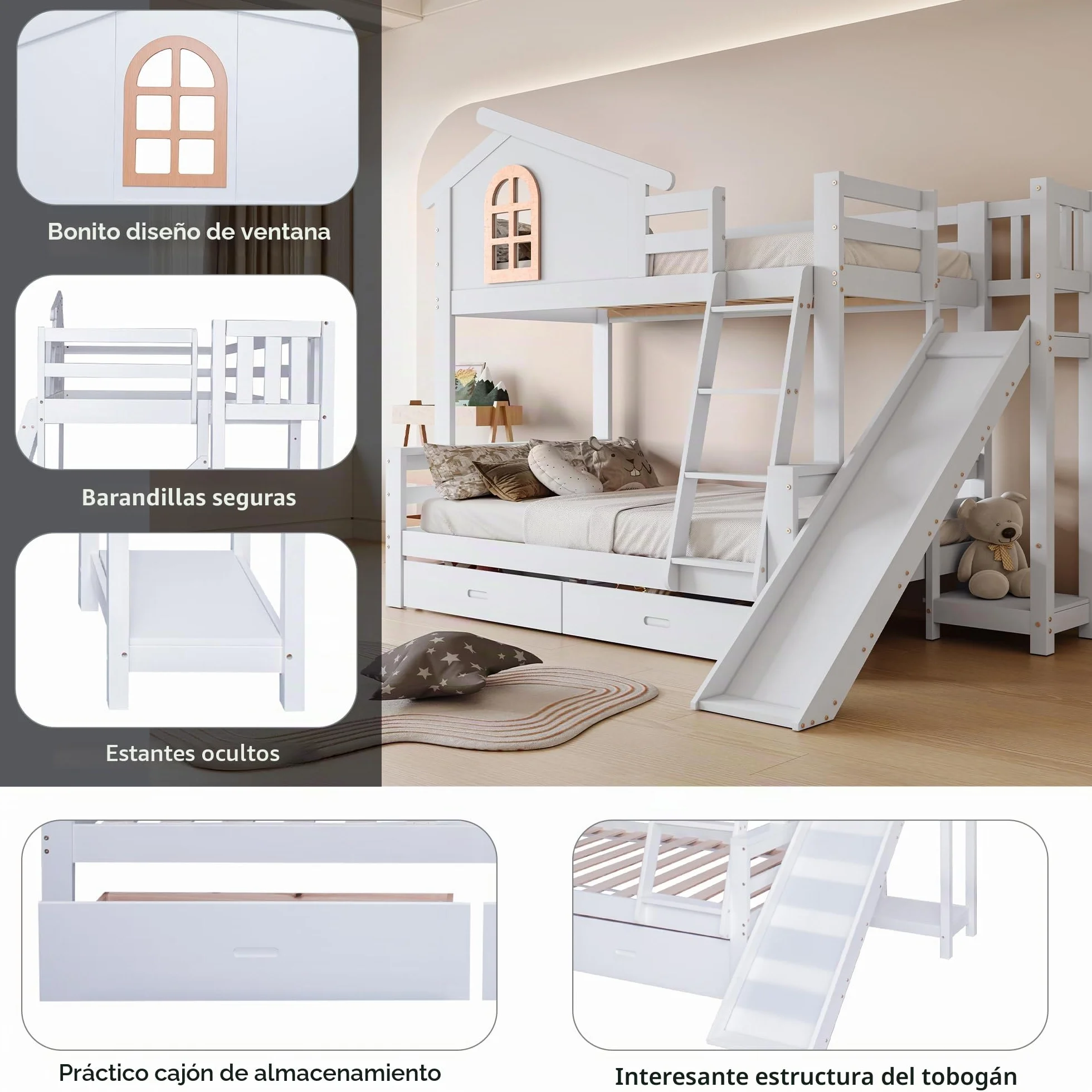 Moimhear litera con ventanas características y escalera basculante de cuatro niveles, cama para niños y madre con tobogán, con dos cajones, estructura de cama de madera maciza, color blanco, 90x200 y