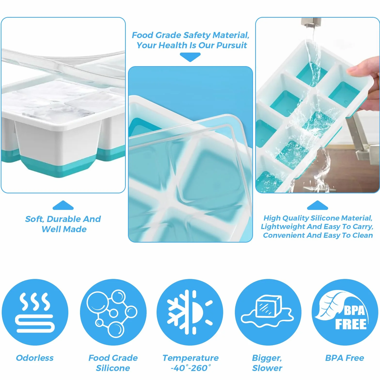 Bandejas de cubitos de hielo de silicona con tapa para whisky, sin BPA, apilable, reutilizable (verde+azul)
