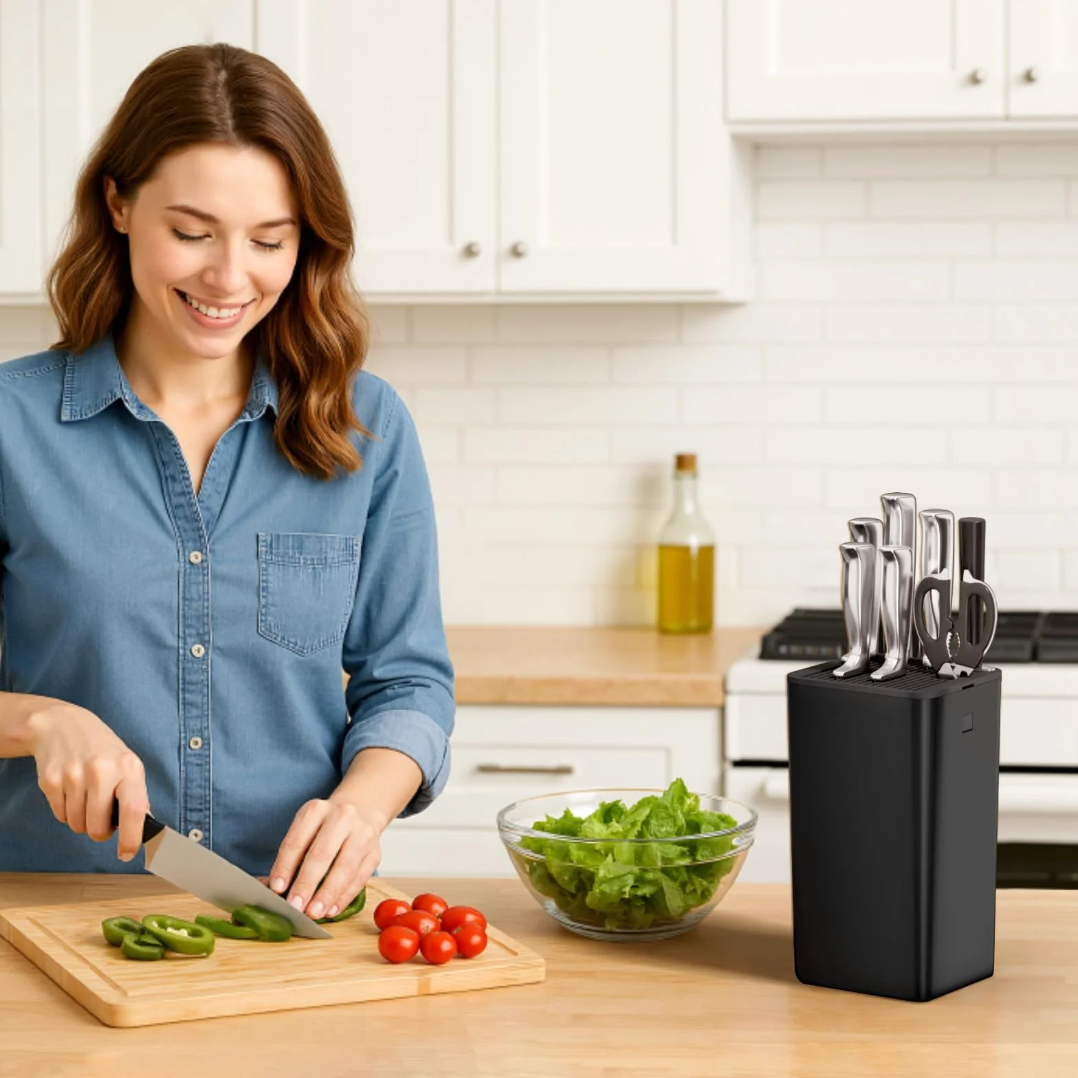 Lifewit Bloque Portacuchillos sin Cuchillos Soporte 15 Knives Ranura Tijeras Afilador Organizador Cocina Drenaje Blanco