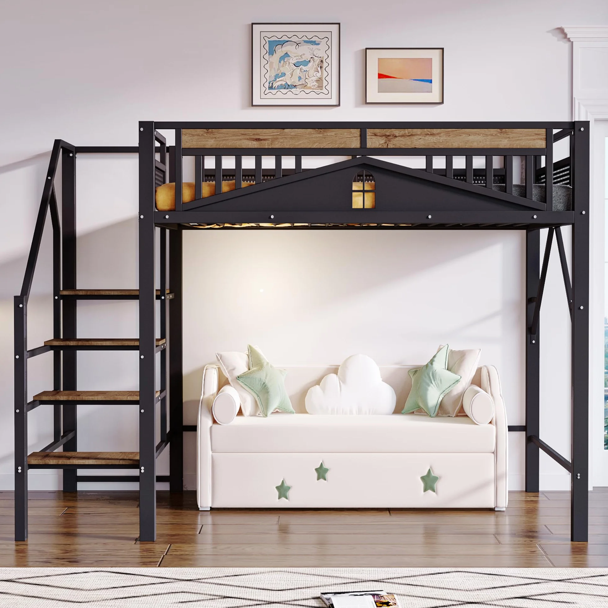 SACOOL Cama alta de metal de 140 x 200 cm, forma de carcasa única con diseño de ventana, con escalera de seguridad, mucho espacio debajo de la cama, color negro