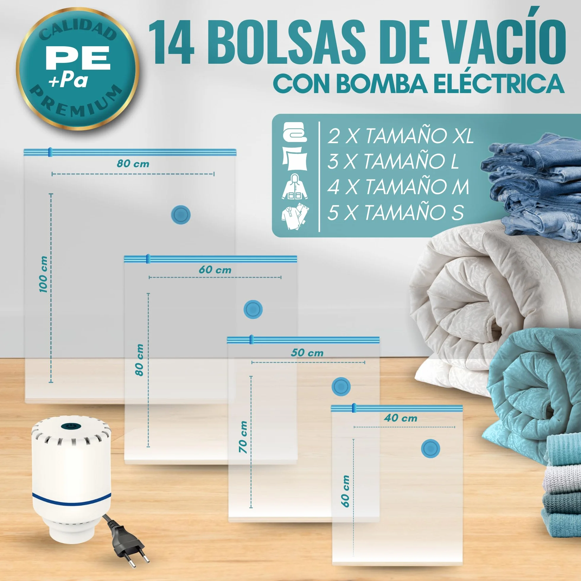Maname Bolsas Vacío Ropa Pack 14 Bolsas al Vacío con Bomba Eléctrica