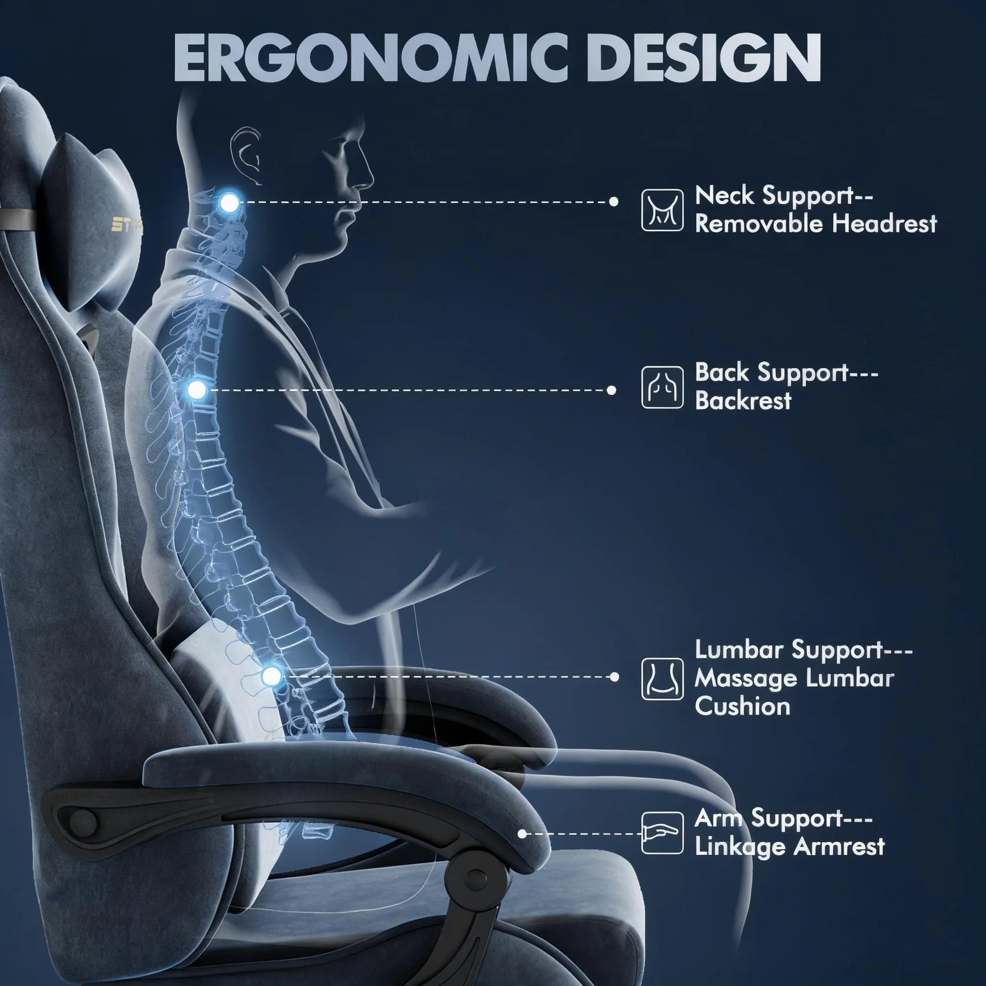 Huracan Silla de Gaming ergonómica, Terciopelo de Microfibra, Altura Regulable, reposabrazos Ajustables, Masaje, cojín Lumbar, reposapiés (Gris)