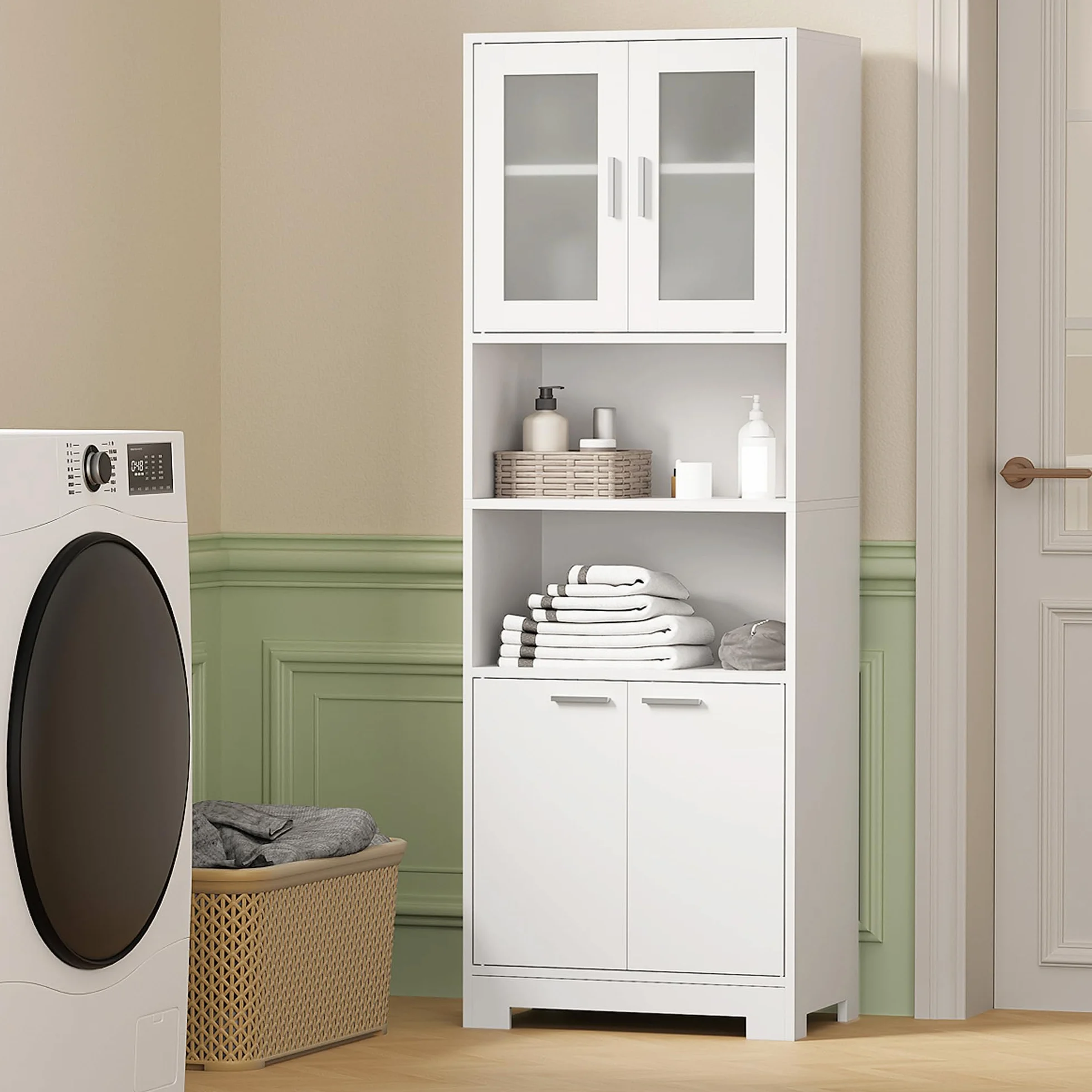BEWISHOME Armario Alto de Baño 40x60x180 cm Blanco con 2 Estantes Ajustables