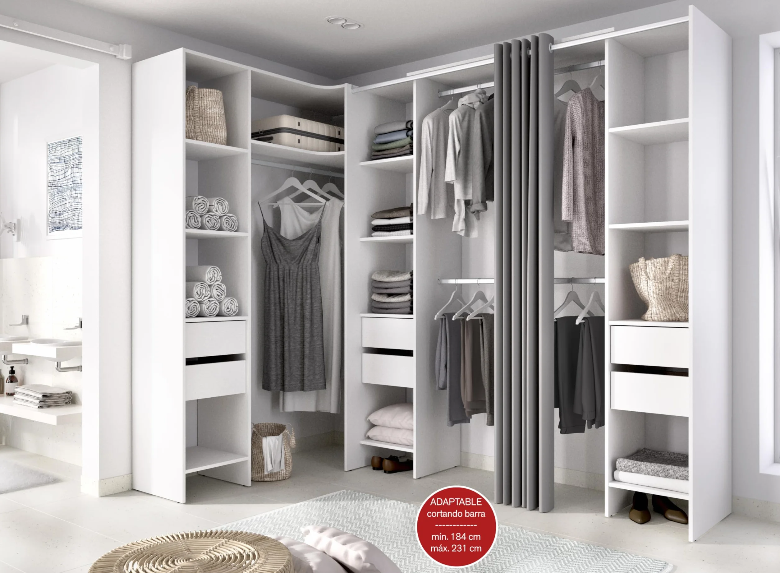 DEKIT GRUPO RIMOBEL SUIT - Conjunto de Vestidor rinconero con dos columnas, zona de barras y cortina - Blanco - 205 x 164-234 x 141 cm