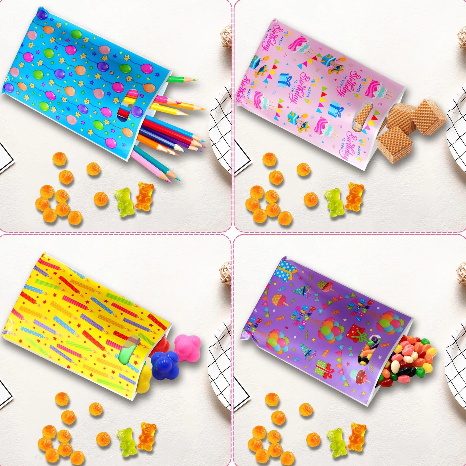 Annhao 50 Piezas Bolsas Cumpleaños Infantil, Bolsas Regalo Cumpleaños de Chuches Galletas, Bolsitas Infantiles para Regalos Fiestas de Cumpleaños, Navidad, Bodas, Celebraciones (4 Colores)