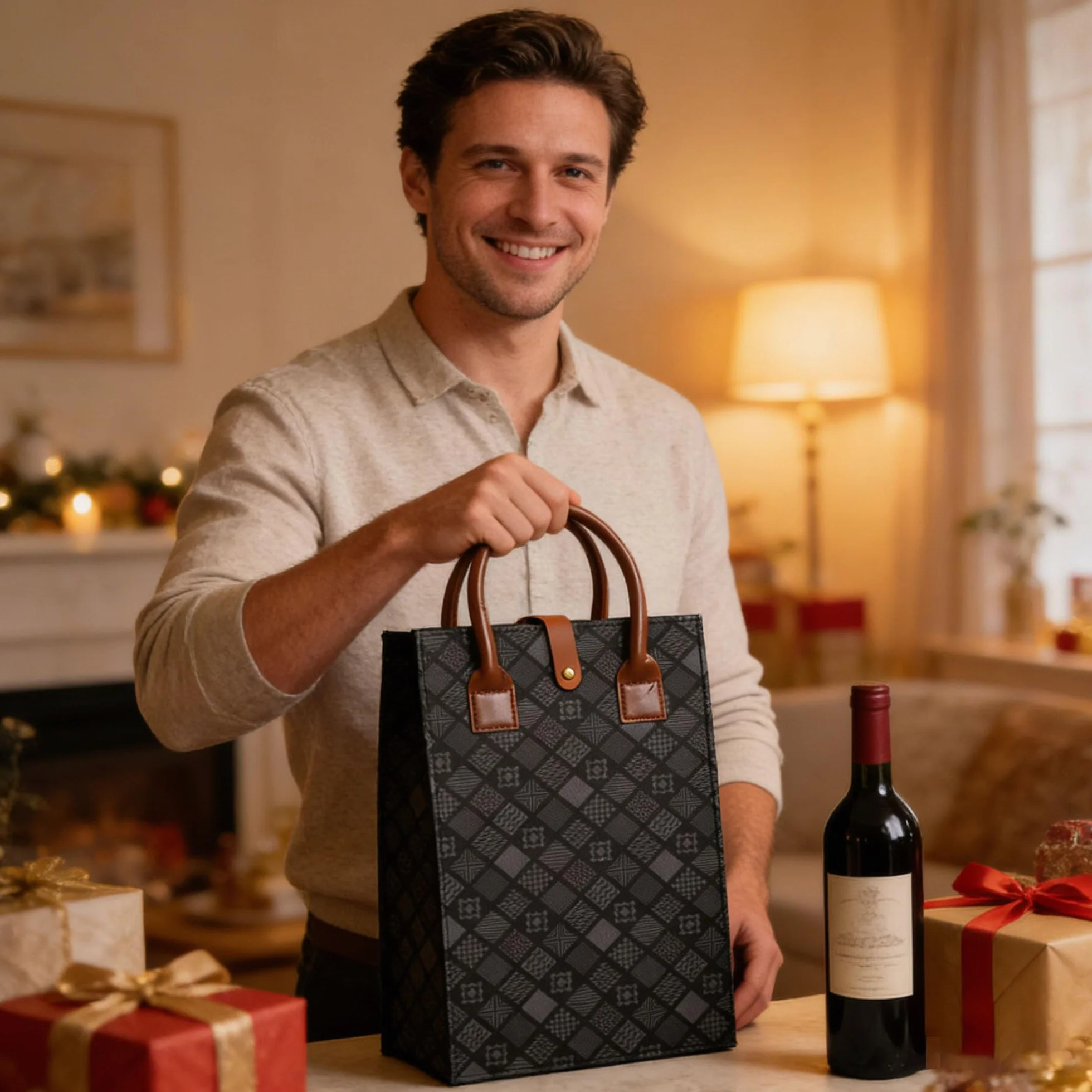 Bottle de Bag 2 Botellas de Cuero para Botellas de Cerveza de Vino Individual para Varias Ocasiones, Viajes Pícnics Fiestas Paquete de Regalo, Navidad, cumpleaños, Aniversario de Boda